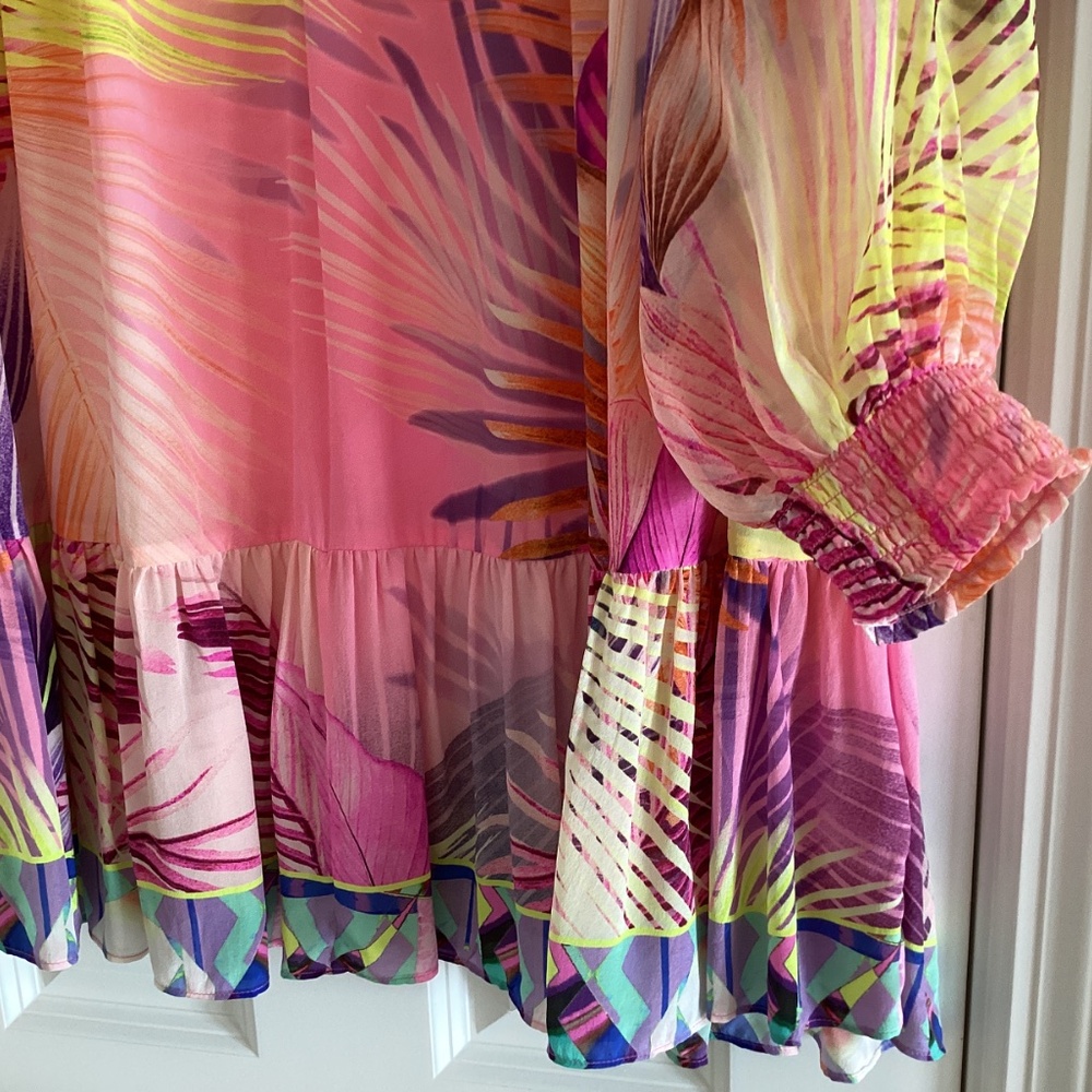 Camilla South Beach Sunrise 100% Silk Gathered Yoke Short Dress Blouson Sleeves - Picture 5 of 16